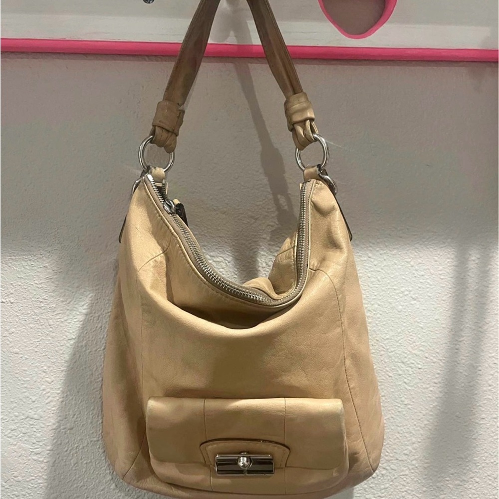 Coach Beige Leather Hobo Shoulder Bag with Front Pocket